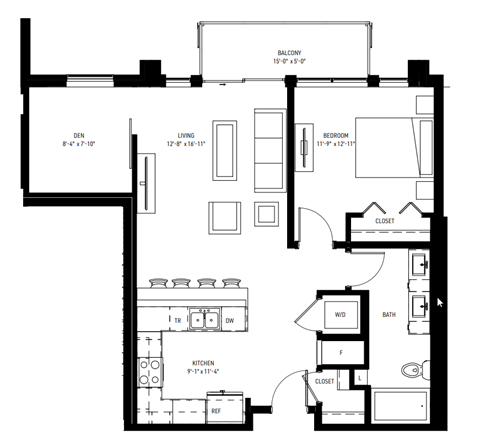 Floor plan for 1 bed, 1 bath, 850 sqft